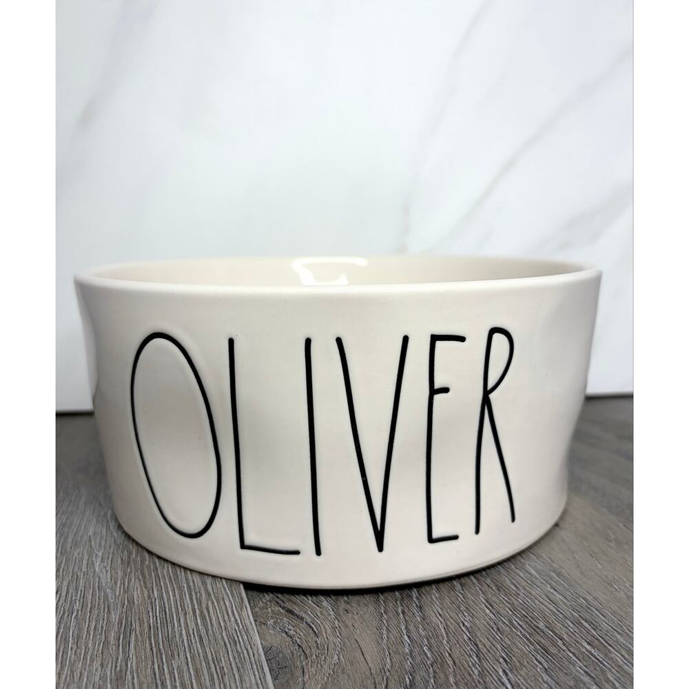 Rae Dunn OLIVER Large Ceramic Dog Pet Bowl 8"x3.5" Ivory Black